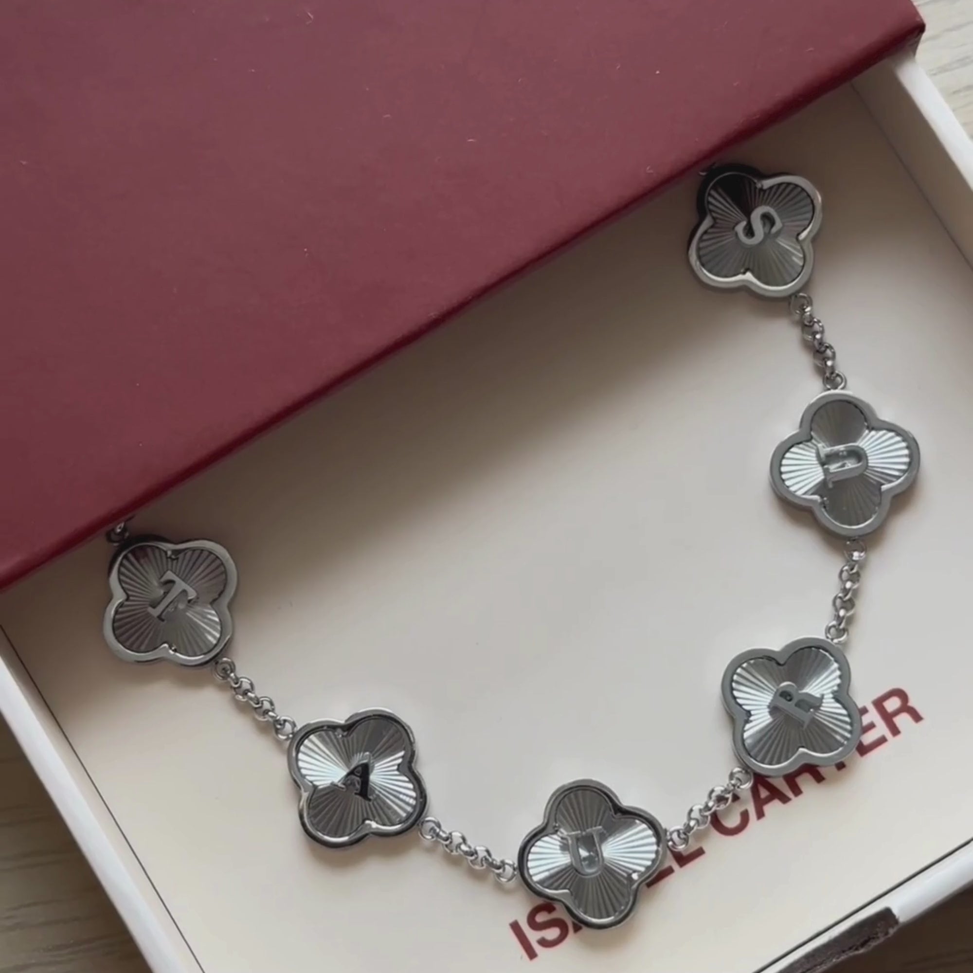 Personalised jewellery womens silver clover name with Isabel Carter packaging
