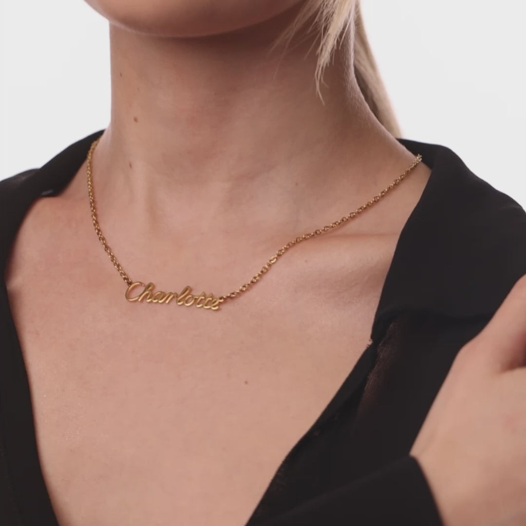 personalised womens jewellery in gold on model 